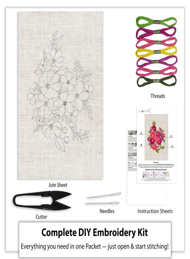 picknMAKE Hoop-Free DIY Hand Embroidery Kit for Beginners & Adults | Floral Design on Stiff Jute Fabric | Includes 7 Threads, Needles, Cutter & Instruction Sheet | No Hoop Required Sewing & Craft Kit - Image 2